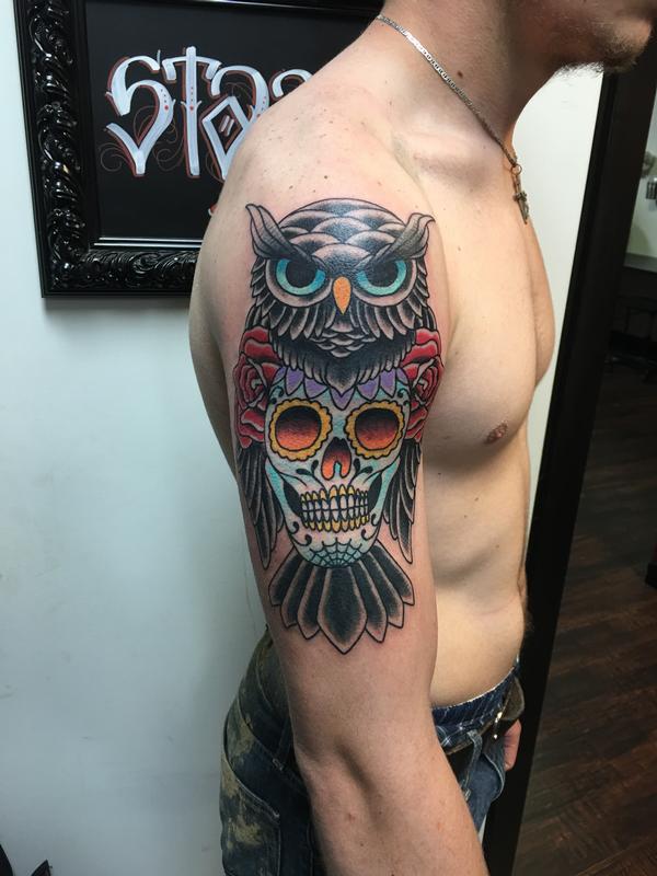 Owl w/ Sugar Skull Body by Cody Hennings TattooNOW